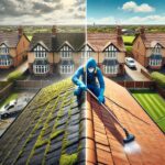 High-pressure roof cleaning service removing built-up grime from roof tiles in Hammersmith, West London, United Kingdom.