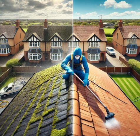 High-pressure roof cleaning service removing built-up grime from roof tiles in Hammersmith, West London, United Kingdom.