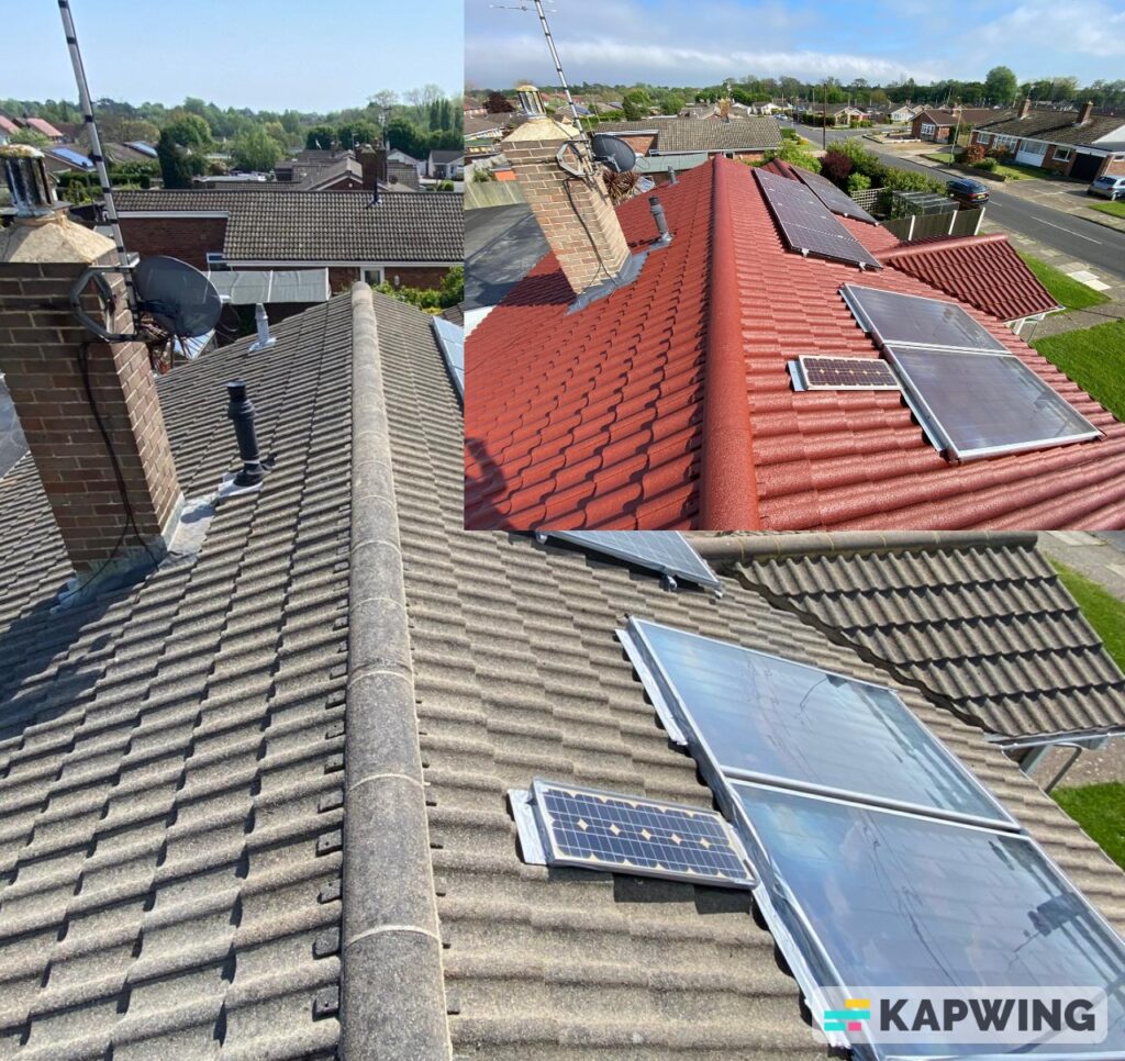Before and after comparison of roof cleaning, showing moss removal from a house in Ealing, West London, UK.a house in Ealing, West London, UK.