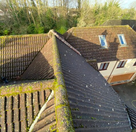 Waterproof roof sealing service preventing future moss growth on a cleaned roof in London, UK.