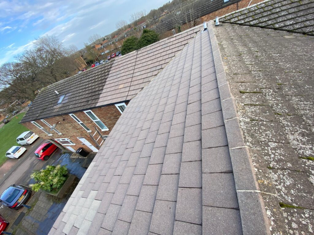 Professional roof cleaning service in West London removing moss and dirt