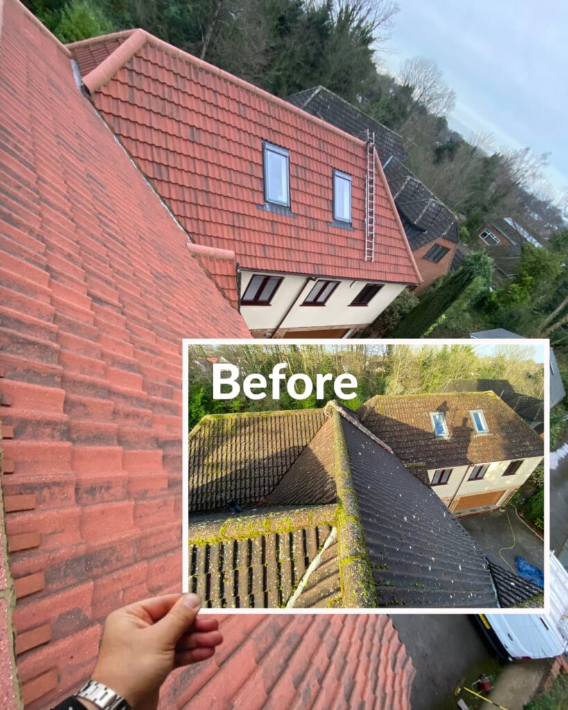 Before and after comparison of roof cleaning, showing moss removal from a house in Ealing, West London, UK