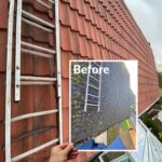 Before and after comparison of roof cleaning, showing moss removal from a house in Ealing, West London, UK