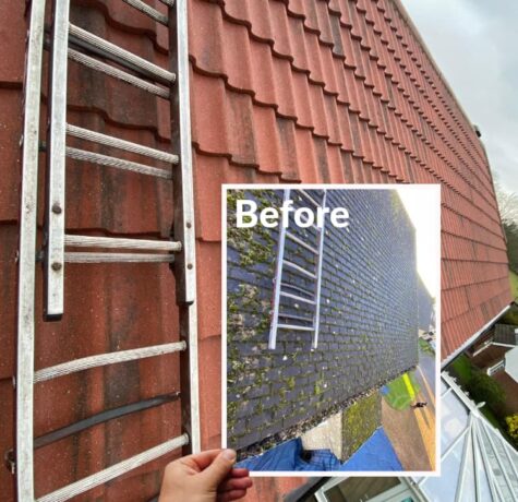 Before and after comparison of roof cleaning, showing moss removal from a house in Ealing, West London, UK